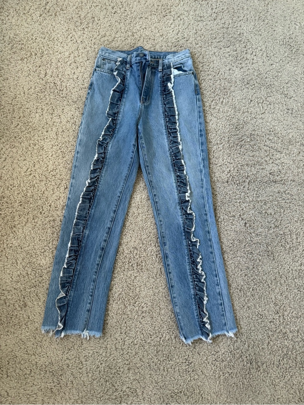 Women’s Straight Leg Ruffle-Trim Denim Pants - Blue